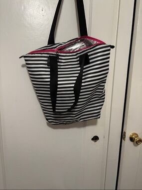 Striped Black & White Insulated Tote with Pink Trim